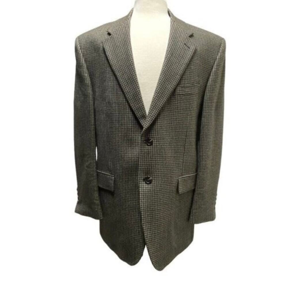 Chaps Wool Blazer Men’s 42R Beige Tan Blue Brown Houndstooth 2 Button Lined